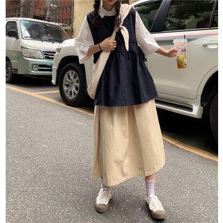 Elbow-sleeve Shirt / Midi A-line Skirt / Tie-side Vest