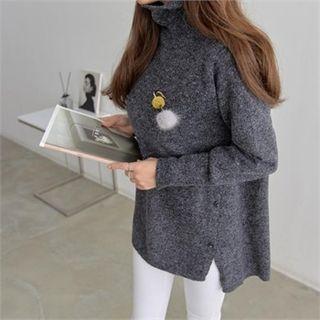 Turtle-neck Button-trim Dip-back Sweater
