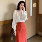 Long-sleeve Blouse / High-waist Slit Midi Pencil Skirt