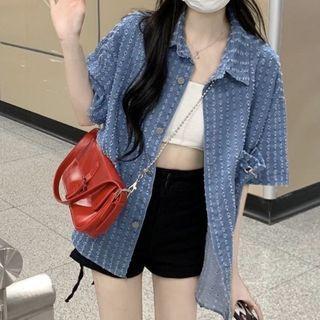 Short-sleeve Distressed Denim Shirt Blue - One Size