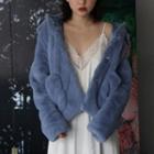 Faux-fur Cropped Jacket Grayish Blue - One Size