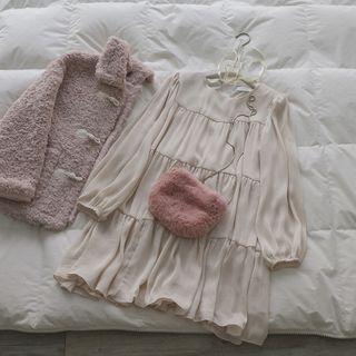 Crewneck Plain Bow A-line Dress Almond - One Size
