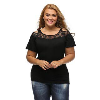 Lace Panel Cut Out Shoulder Short Sleeve T-shirt