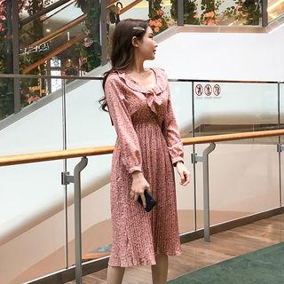 Ruffle-trim Pleated Floral Print Dress