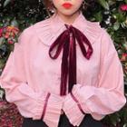 Frill Trim Tie-neck Blouse Pink - One Size