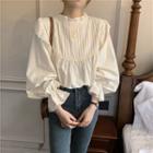 Lace Trim Lantern-sleeve Blouse Beige - One Size