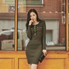 Buttoned Dual-pocket Ribbed Bodycon Dress