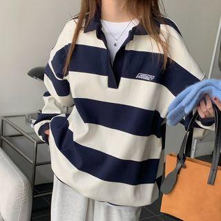 Collared Striped Sweatshirt Navy Blue & White - One Size
