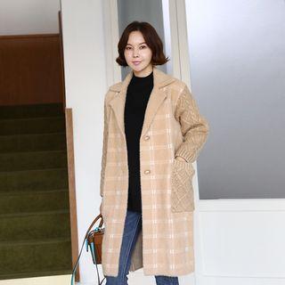 Single-breasted Knit-panel Checked Coat