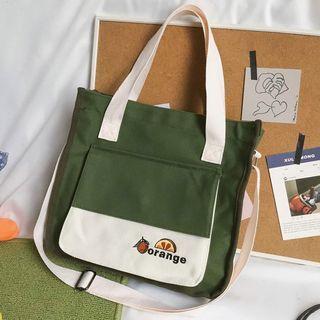 Embroidered Two-tone Crossbody Tote Bag
