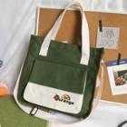 Embroidered Two-tone Crossbody Tote Bag
