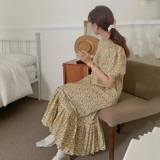 Puff-sleeve Floral Midi A-line Dress Yellow - One Size
