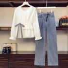 Set: Long-sleeve V-neck Frill Trim Peplum Top + Wide Leg Jeans
