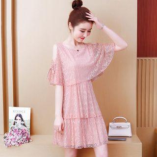 Cape-sleeve Off Shoulder Lace A-line Mini Dress