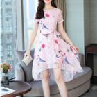 Short-sleeve High-low Floral Chiffon Dress