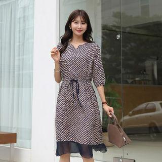 Open-placket Chiffon-hem Pattern Dress Navy Blue - One Size