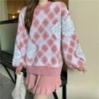 Long-sleeve Plaid Knit Sweater / Plain Cable Knit Mini Skirt