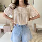 Square-neck Crochet-lace Shirred Blouse Light Beige - One Size
