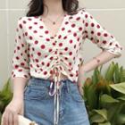 Dotted 3/4-sleeve Drawstring Cropped Blouse