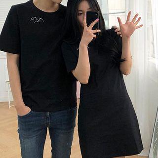 Couple Matching Plain Embroidered Short-sleeve Shirt / Short-sleeve Dress