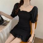Ruffle Hem Short-sleeve Mini Sheath Dress Black - One Size