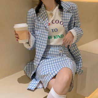 Checked Single Breasted Blazer / Short-sleeve Lettering T-shirt / Fitted Mini Skirt
