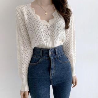 V-neck Mohair Pointelle Knit Top