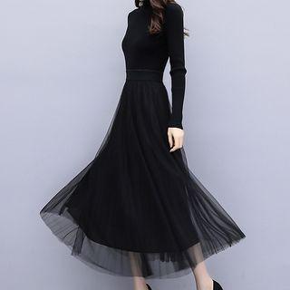 Long-sleeve Mesh Overlay Maxi Knit Dress