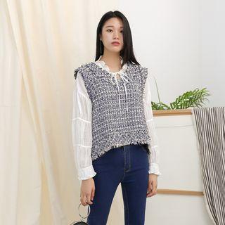 V-neck Tweed Vest Navy Blue - One Size