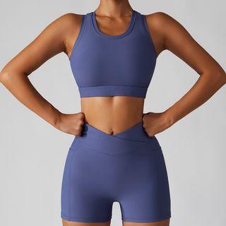 Set: Plain Sports Crop Tank Top + Biker Shorts