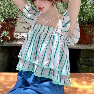 Cap-sleeve Square-neck Striped Top Green - One Size