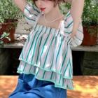 Cap-sleeve Square-neck Striped Top Green - One Size