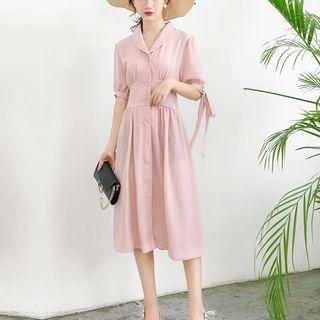 Elbow-sleeve Shirred Shirtdress