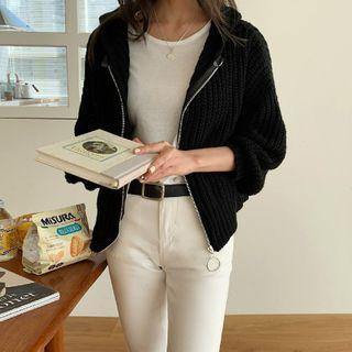 Hooded Drop-shoulder Zip-up Cardigan