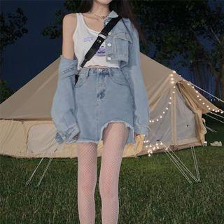 Distressed Denim Mini A-line Skirt / Denim Jacket
