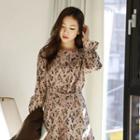 Round-neck Napped Floral Dress With Sash