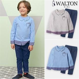 Set: Printed Check-detail T-shirt + Band-waist Pants
