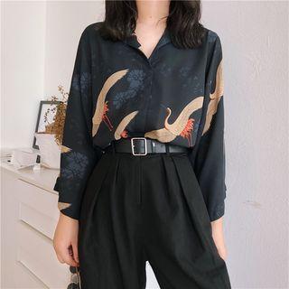 Crane Print Elbow-sleeve Shirt
