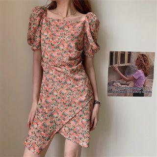 Puff-sleeve Asymmetric Floral Dress Floral - One Size