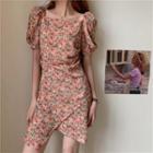 Puff-sleeve Asymmetric Floral Dress Floral - One Size