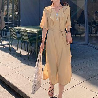 Ruffle-trim Collar Drawstring Slit Dress