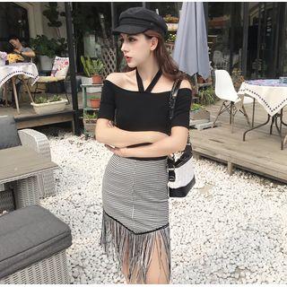 Set: Halter Short-sleeve Top + Plaid Fringed Mini Pencil Skirt
