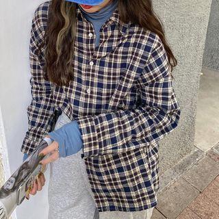 Plaid Long-sleeve Shirt Blue & Brown - One Size