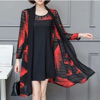 Set: Printed Sleeveless Shift Dress + Long Jacket