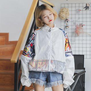 Stand Collar Graffiti Print Panel Zip Jacket
