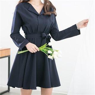 Open-placket Elastic-waist Dress With Sash