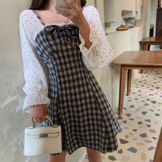 Dotted Panel Plaid Mini A-line Dress
