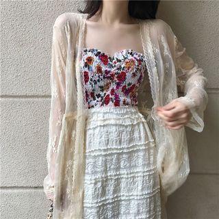 Floral Print Tube Top / Lace Open-front Jacket / Midi Skirt