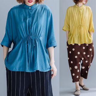 3/4-sleeve Crinkled Tie Waist Top