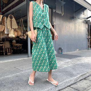 Set: Patterned Buttoned Vest + Midi A-line Skirt Set - As Shown In Figure - One Size